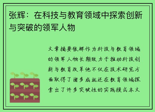 张辉：在科技与教育领域中探索创新与突破的领军人物